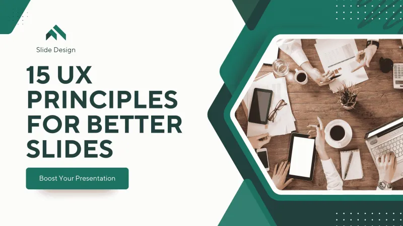Slide design showcasing 15 UX principles for clearer and more effective presentations