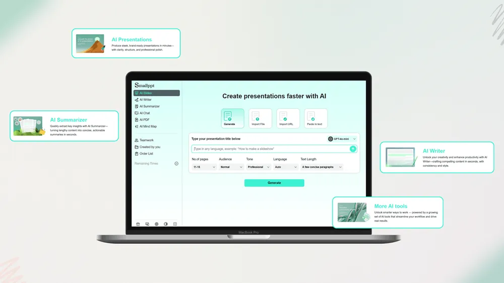 Boost creativity with Smallppt AI tools for writing, summarizing, chatting, and organizing content efficiently