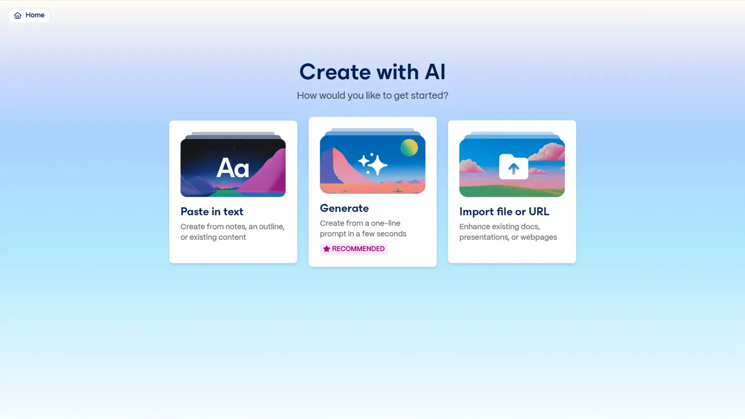 Gamma AI PowerPoint generator options: paste text, generate from prompt, or import file