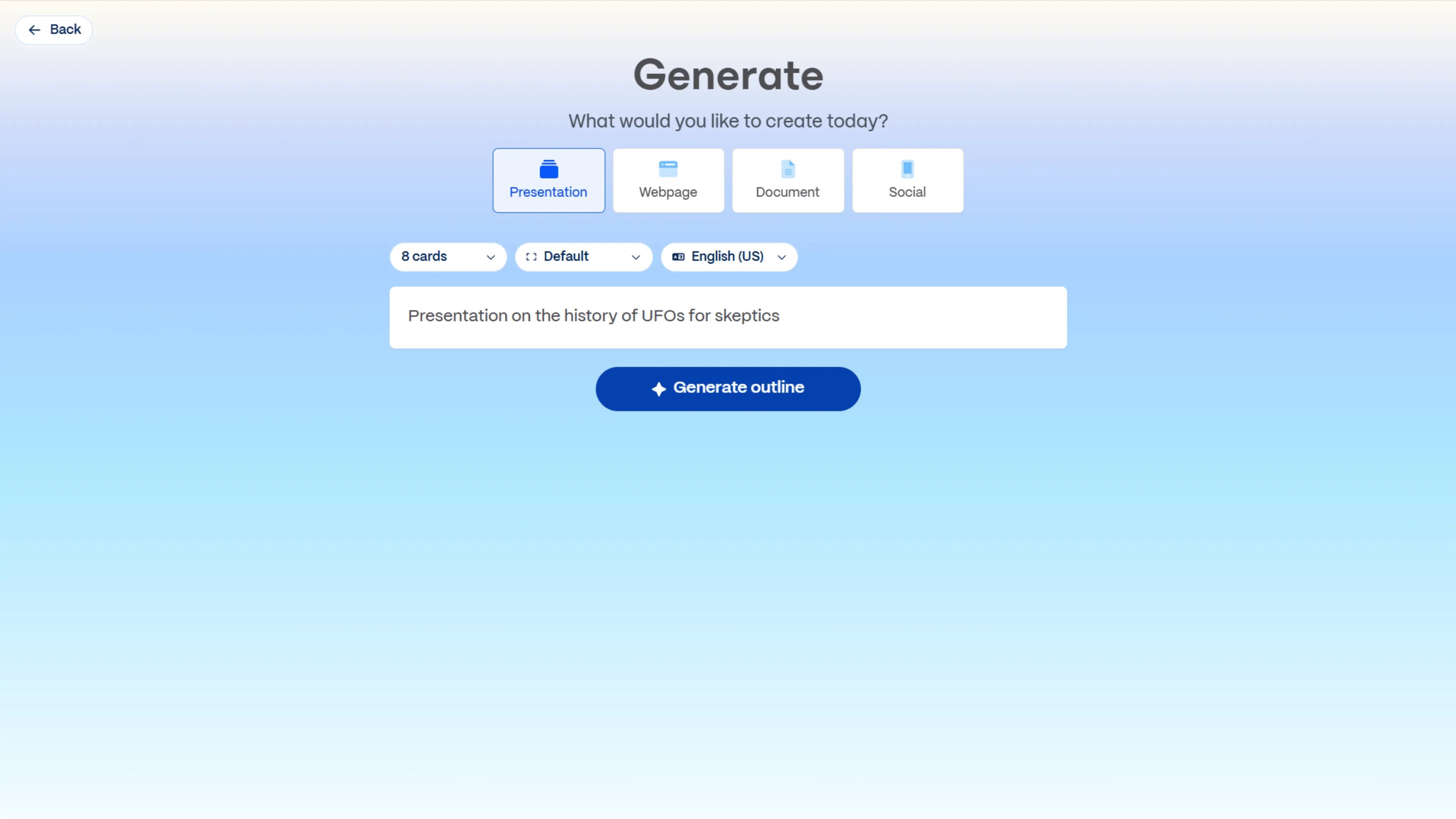Enter your topic in Gamma AI Presentation tool to generate an outline for your slides