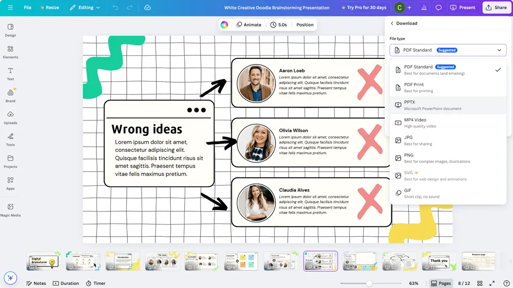 Export your Canva presentation as PDF, PNG, or PowerPoint after editing
