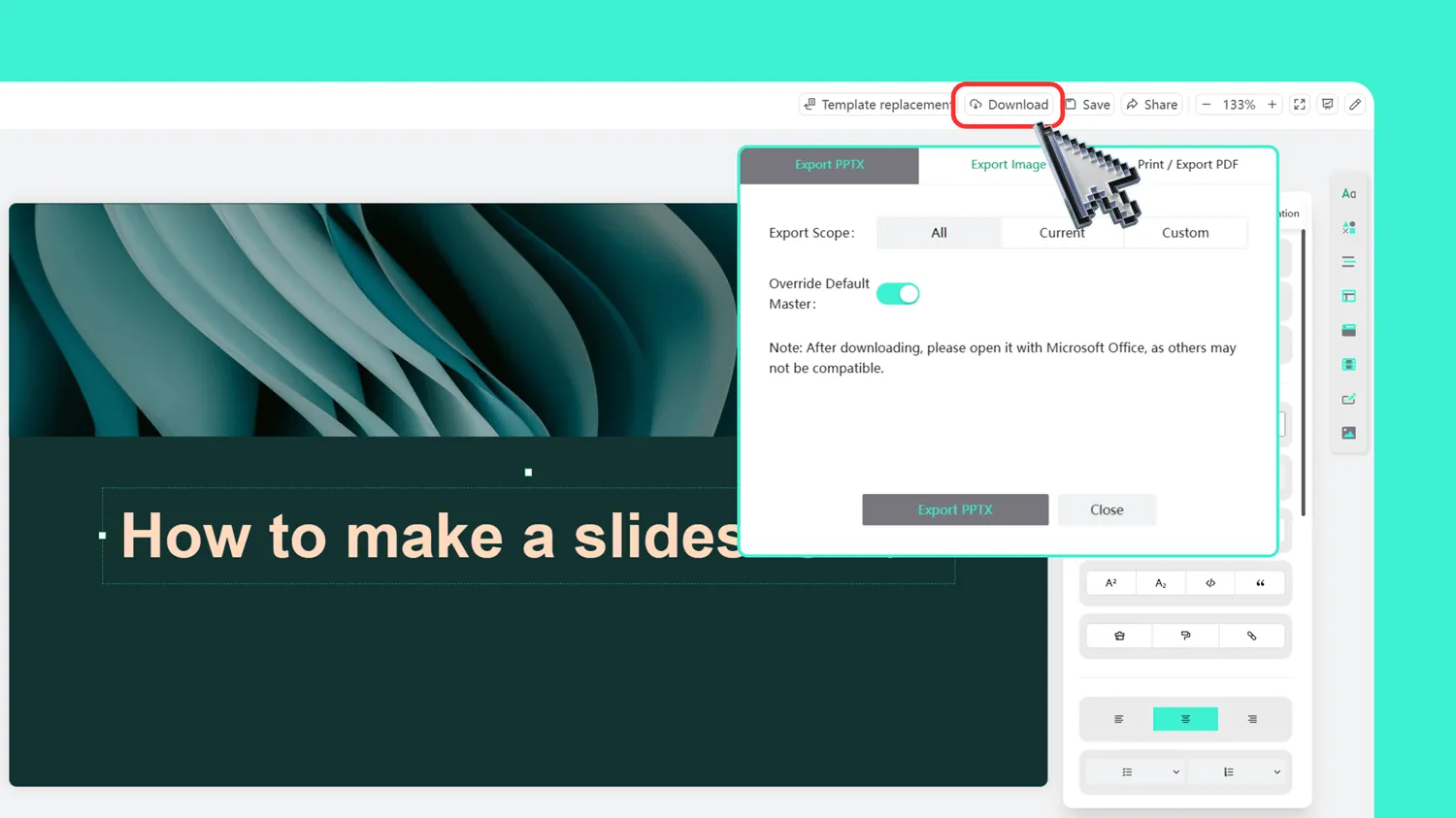 Export your presentation to PowerPoint or PDF format with Smallppt