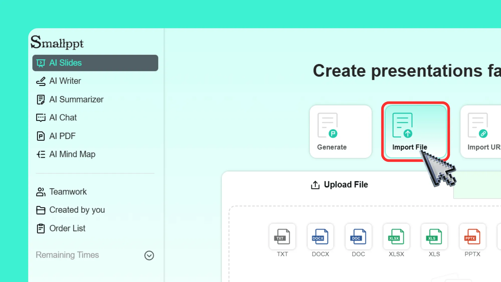 Upload files to start creating your online presentation with Smallppt