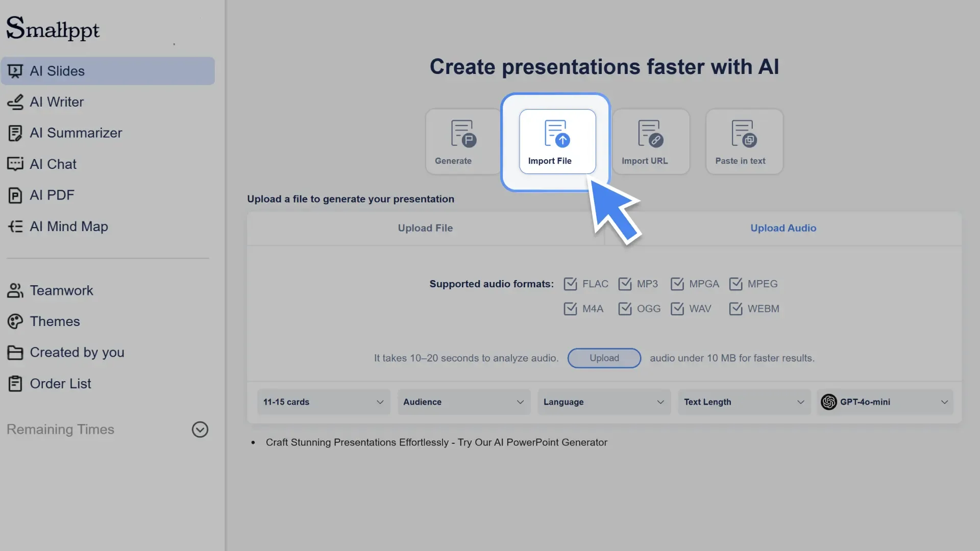 Start your presentation by uploading an audio file with Smallppt