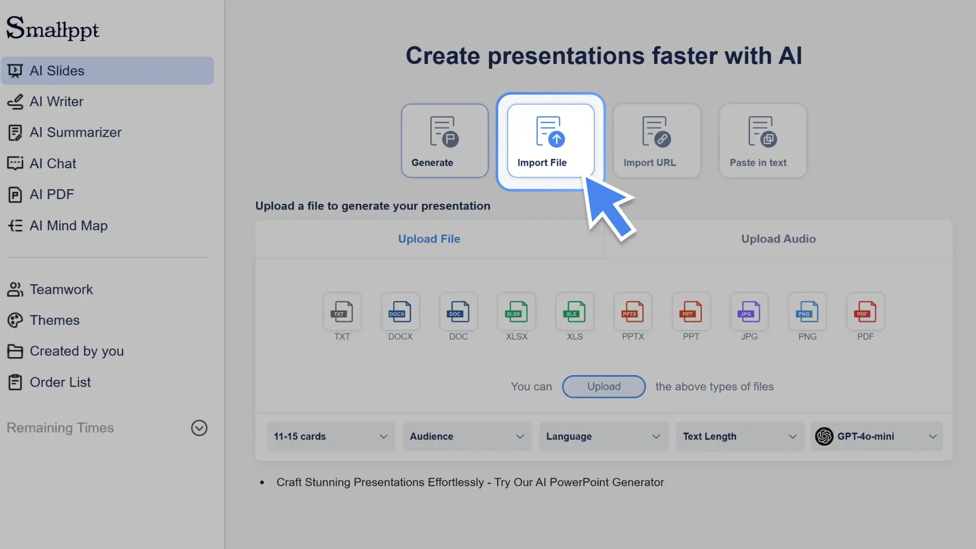 Upload files to start creating your online presentation with Smallppt