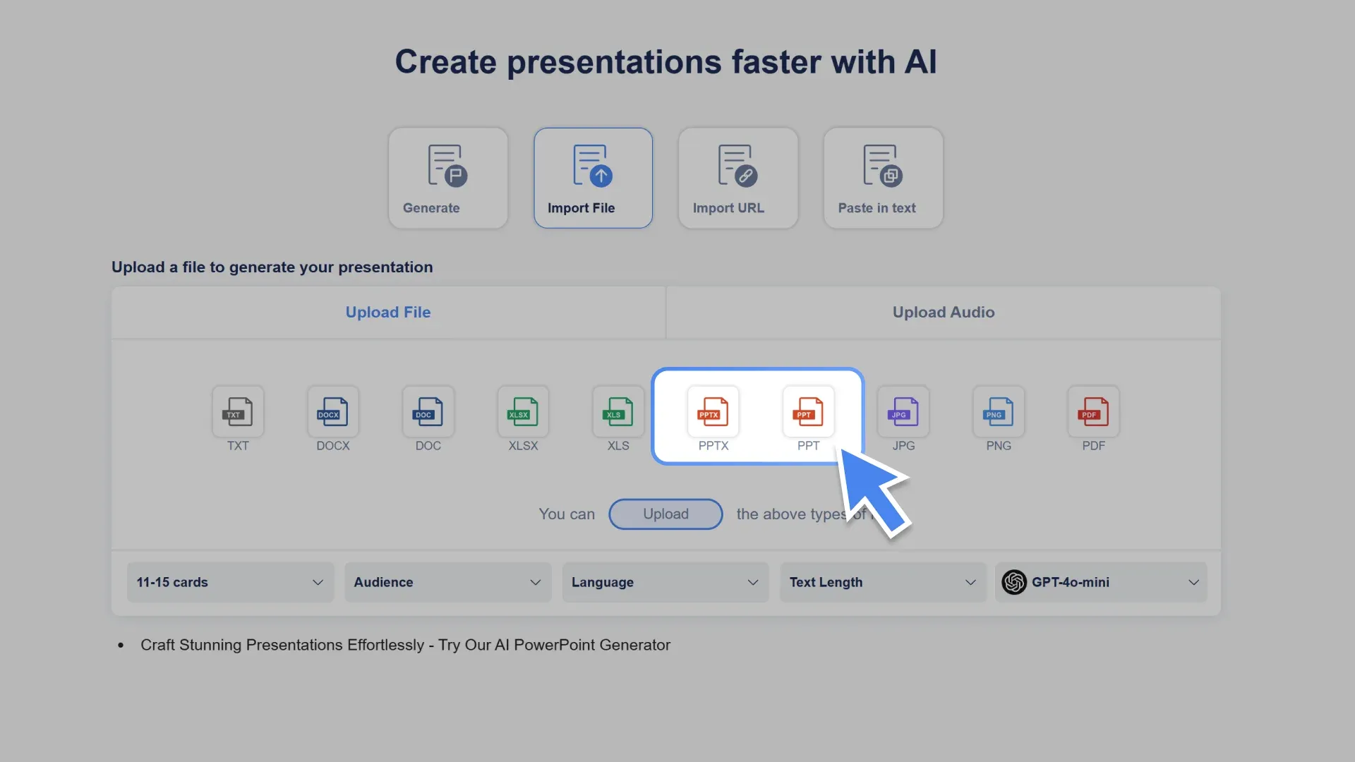 Import your PPTX or PPT presentation, and AI PowerPoint Generator will analyze the slides and refine them.