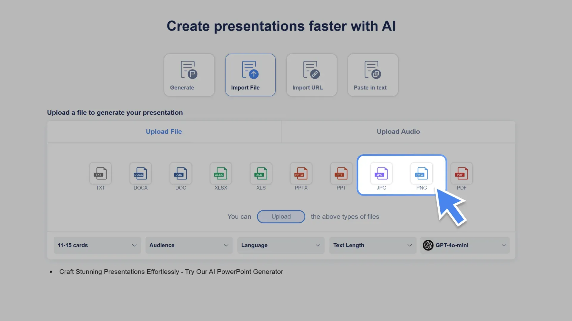 Upload your PNG or JPG images, and the AI ​​PowerPoint generator will automatically detect the content.