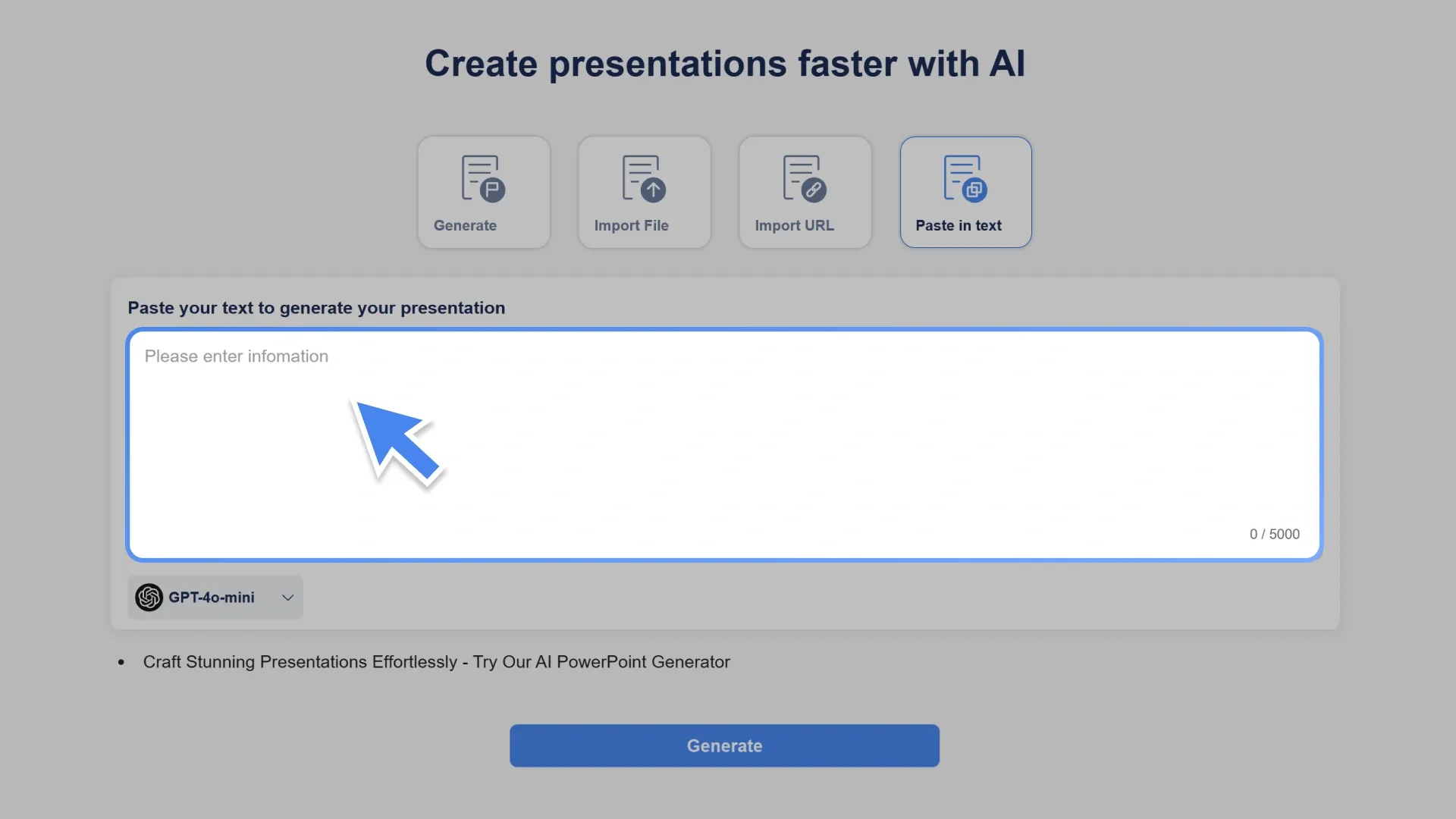 Insert your prepared content and get ready to generate slides using Smallppt