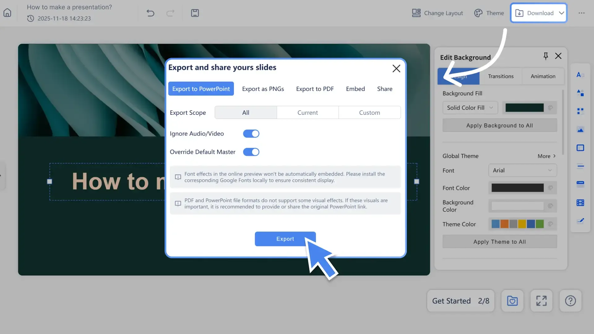 Quickly share or download your polished presentation using Smallppt
