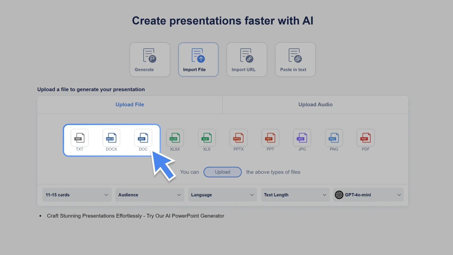 Upload your TXT, DOCX, or DOC files, and AI PowerPoint Generator will automatically read the content, extract key points, and prepare to create professional slides.