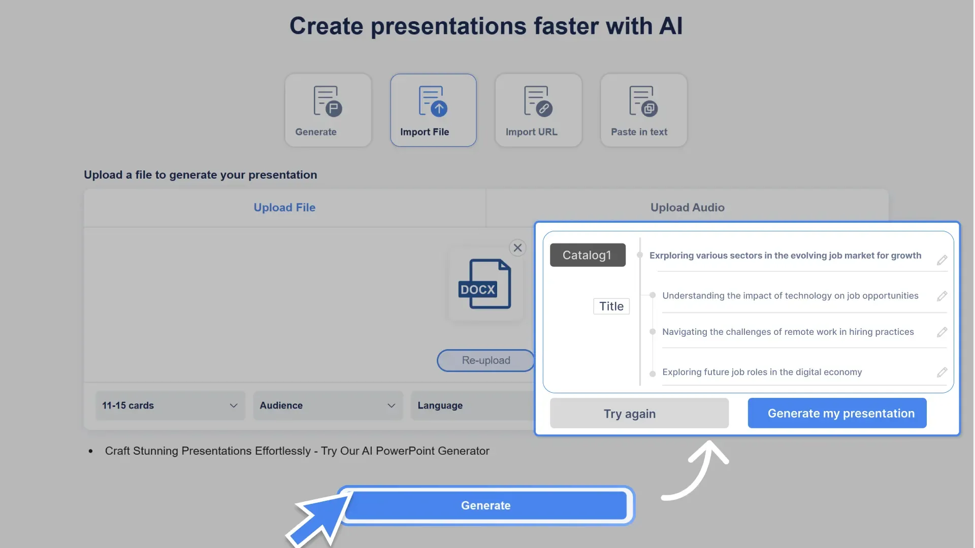 Click "Generate," and Smallppt's AI slides will create a concise and focused presentation structure for you.